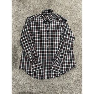 Allen Edmonds Mens‎ Large Plaid Button Down Shirt Burgundy Black White Cotton